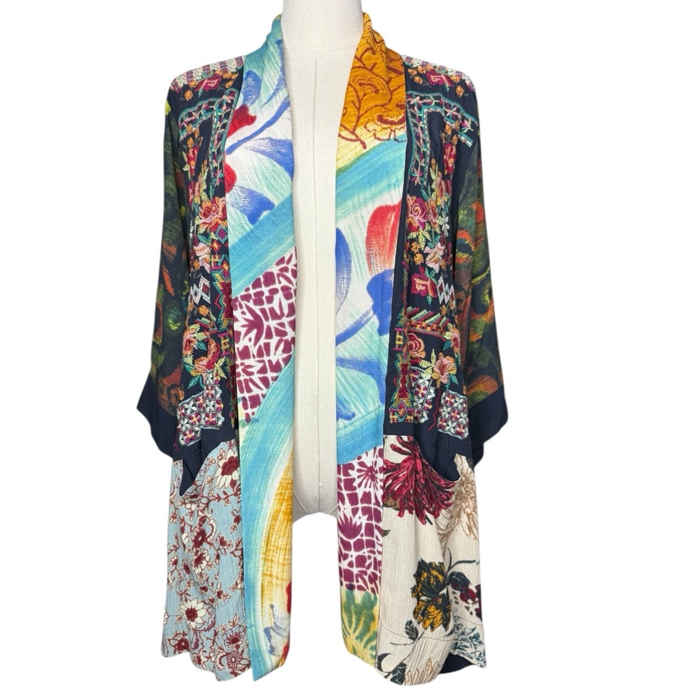 JOHN MARK Embroidered Patchwork Boho Kimono Jacket Multicolor Size M Open Front‎